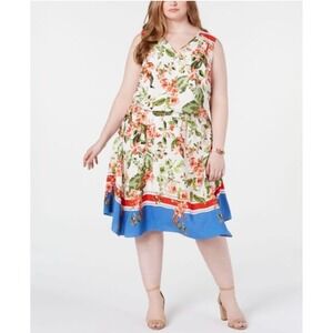Tommy Hilfiger Women FloralStripe Sleeveless V-Neck MidiDress Size 16 White Blue